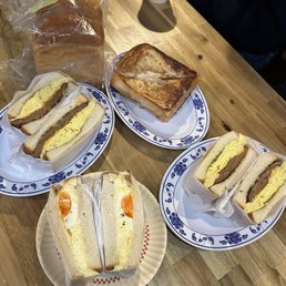Japanese egg salad sando, longanisa sando x2, Hong Kong milk toast, shokupan (half loaf) Japanese egg salad sando, longanisa sando x2, Hong Kong milk toast, shokupan (half loaf)