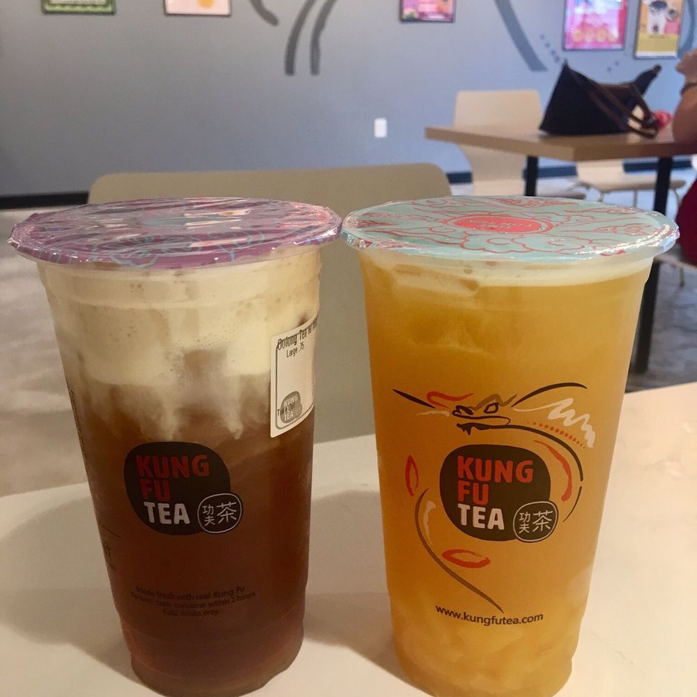 Kung Fu Tea - Ooolong tea with milk cap and mango green tea with mango jelly - Bubble Tea Near Me - Buford, Georgia