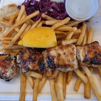 Luna Grill Anaheim - Lemon Garlic chicken kabob with fries - Mediterranean Near Me - Anaheim, California Luna Grill Anaheim - Lemon Garlic chicken kabob with fries - Mediterranean Near Me - Anaheim, California