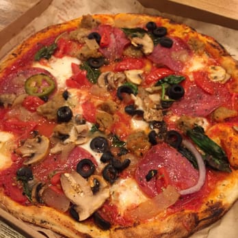 Blaze Pizza - Build your own pizza; red sauce, mozzarella, Italian sausage, salame, cherry tomatoes, basil, olives, mushrooms, sautéed onion - Salad Near Me - Alhambra, California