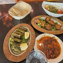 Dolmas, red pepper dip (complimentary, thank!), falafel, taboulleh