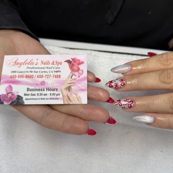 Angela's Nails & Spa - Red bottoms and silver cateye on the top with red "ho hi hi" and ribbons - Nail Salons Near Me - San Carlos, California Angela's Nails & Spa - Red bottoms and silver cateye on the top with red "ho hi hi" and ribbons - Nail Salons Near Me - San Carlos, California