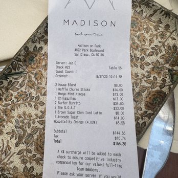 Madison - Hidden menu fees (4% hospitality charge). - Italian Near Me - San Diego, California Madison - Hidden menu fees (4% hospitality charge). - Italian Near Me - San Diego, California