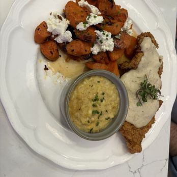 Elliott's - Chicken Fried Chicken with creamed corn and carrots with goat cheese - Southern Near Me - Peachtree City, Georgia