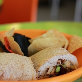 Crazy Bowls & Wraps - Terriyaki wrap with tortilla chips in their signature orange bowls - Wraps Near Me - Saint Louis, Missouri