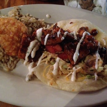Cabo Fish Taco - BBQ Mahi Taco (shown: just 1 of the 2 tacos) w. a side of Baja Rice - Mexican Near Me - Blacksburg, Virginia