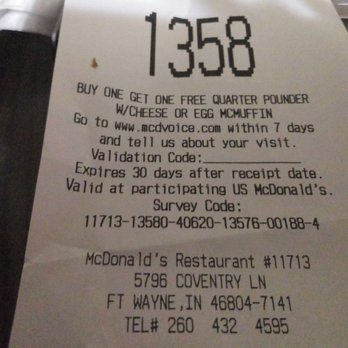 McDonald's - Top half of receipt. - Fast Food Near Me - Fort Wayne, Indiana