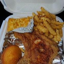 Pork chop plate (hold the gravy) french fries, mac & cheese, corn muffin
