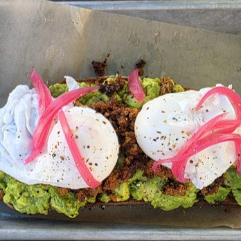 Purely Provisions - Avocado and chorizo toast, with poached eggs and marinated onions - Coffee & Tea Near Me - Round Rock, Texas Purely Provisions - Avocado and chorizo toast, with poached eggs and marinated onions - Coffee & Tea Near Me - Round Rock, Texas
