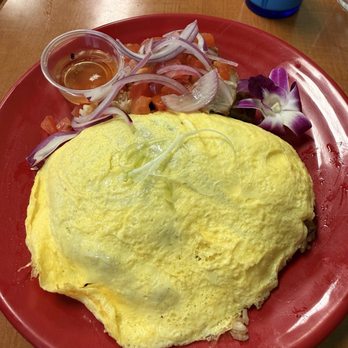 Guieb Cafe - Adobo Fried Rice Omelette with Lechon Kawali - New American Near Me - Honolulu, Hawaii