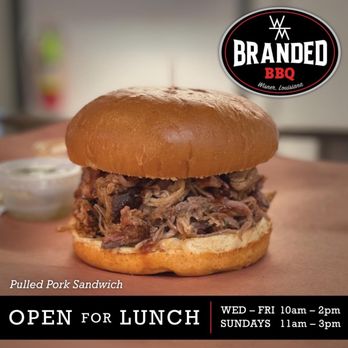 Branded BBQ - a pulled pork sandwich on a bun - Barbeque Near Me Branded BBQ - a pulled pork sandwich on a bun - Barbeque Near Me