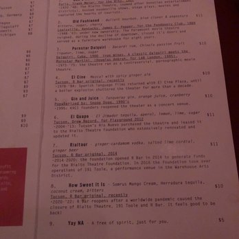 R Bar - Menu - The menu features a selection of cocktails, beers, and specialty drinks, including descriptions and prices, at R Bar in Tucson, AZ. - Cocktail Bars Near Me - Tucson, Arizona