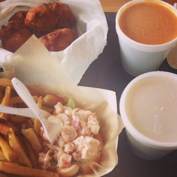 Champlin's Seafood - 1/2 dozen clam cakes, 1 pint lobster bisque, 1 pint white clam chowder & lobster salad roll.. - Seafood Near Me - Narragansett, Rhode Island Champlin's Seafood - 1/2 dozen clam cakes, 1 pint lobster bisque, 1 pint white clam chowder & lobster salad roll.. - Seafood Near Me - Narragansett, Rhode Island