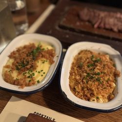 Flat Iron - Left is the mashed potatoes to the right is the mac n cheese- BOMB!