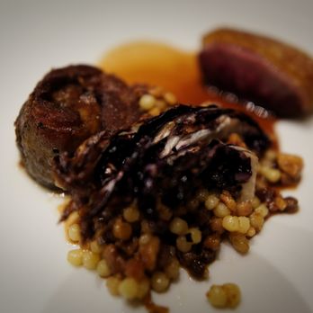 Violetto - Liberty Farm Duck - chicory, hazelnut fregola sarda, quince mostarda - Italian Near Me - St. Helena, California Violetto - Liberty Farm Duck - chicory, hazelnut fregola sarda, quince mostarda - Italian Near Me - St. Helena, California
