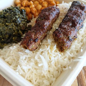 Sheesh Grill - Chantilly - Beef Kubideh. Damn this is some good meat. Can't go wrong with this and the two sides pictured (chickpeas and spinach). - Halal Near Me - Chantilly, Virginia
