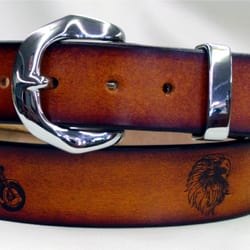 Coastal Leather Gifts & More - Aged edge belt with Motorcycle and eagle.  Buckle is chrome on solid brass