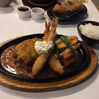Midoh Rowland Heights - Hamburger Steak with Demi Glace sauce, topped with Cheese and Deep Fried Shrimp (tartar sauce in center). - Japanese Curry Near Me - Rowland Heights, California