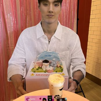 Mr Sun Tea - Cafe Caramel Smoothie and Shownu from Monsta X standee, created for cup sleeve event! - Juice Bars & Smoothies Near Me - Fremont, California