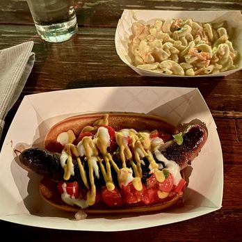 Fox and Pearl - A Sonoran Dog with macaroni salad - from the Hot Dog Night pop up. - New American Near Me - Kansas City, Missouri