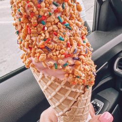 Toni's Ice Cream - Black Raspberry waffle cone rolled in krunch coat