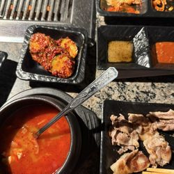 Gangnam Korean BBQ - Spicy Tofu Soup (Sundubu-Jjigae), Spicy Cucumber, Beef Bulgogi, Thin Sliced Pork Belly - Daepae