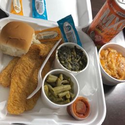 Catfish, greens, green beans, and peach cobbler. Catfish, greens, green beans, and peach cobbler.