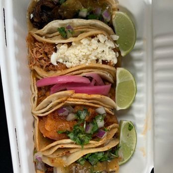 Xochi - Taco combo con todos. (The 5 meat options.) From top to bottom: ENCEBOLLADOS, COCHINITA PIBIL, TINGA, CHICHARRÓN, CHORIZO. - Food Trucks Near Me - Issaquah, Washington Xochi - Taco combo con todos. (The 5 meat options.) From top to bottom: ENCEBOLLADOS, COCHINITA PIBIL, TINGA, CHICHARRÓN, CHORIZO. - Food Trucks Near Me - Issaquah, Washington
