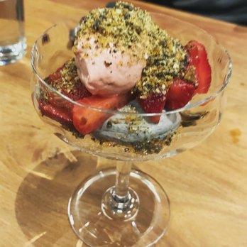 Routier - Strawberries with cream and black sesame ice cream and crushed pistachios - French Near Me - San Francisco, California Routier - Strawberries with cream and black sesame ice cream and crushed pistachios - French Near Me - San Francisco, California