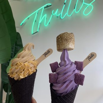 Thrills Soft Serve - left is milk tea with frosted flakes. right is ube with ube cookies and toasted marshmallow. - Ice Cream & Frozen Yogurt Near Me - Honolulu, Hawaii Thrills Soft Serve - left is milk tea with frosted flakes. right is ube with ube cookies and toasted marshmallow. - Ice Cream & Frozen Yogurt Near Me - Honolulu, Hawaii