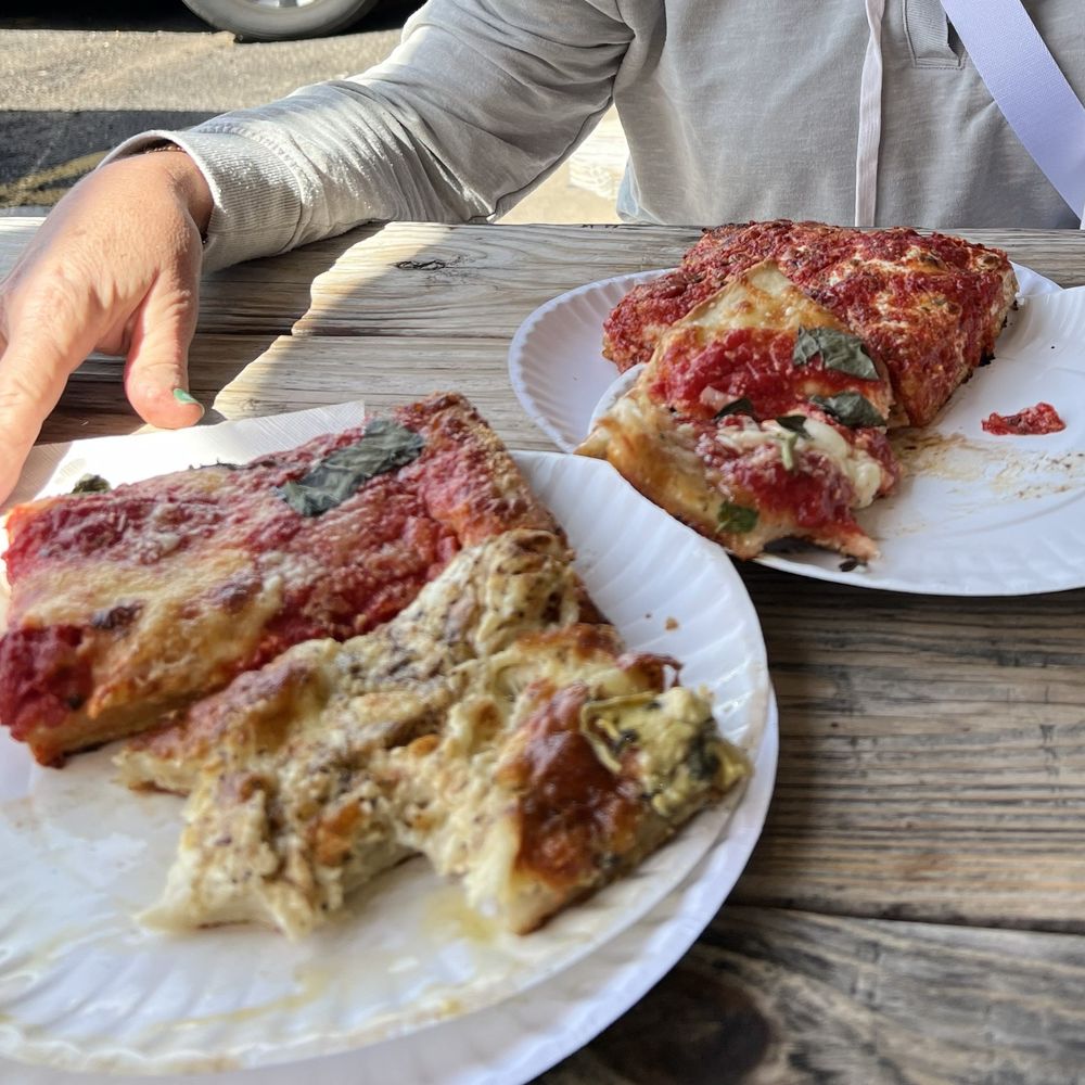 Brooklyn Square Pizza - 3 different square slices, all good. The one by itself on plate is the upside down sicilian that Portnoy gave 8.9. - Pizza Near Me - Jackson Township, New Jersey Brooklyn Square Pizza - 3 different square slices, all good. The one by itself on plate is the upside down sicilian that Portnoy gave 8.9. - Pizza Near Me - Jackson Township, New Jersey