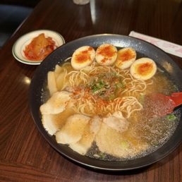 Shio ramen with extra eggs and side of kimchi Shio ramen with extra eggs and side of kimchi