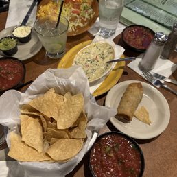 Chips, salsa, queso dip, sampler platter