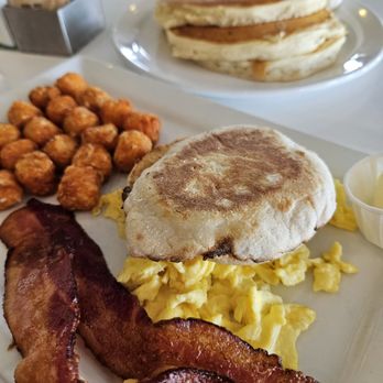 Over Easy - Dobson Ranch - 2 egg breakfast with sweet potato tots and ordered an extra side if pancakes. - Breakfast & Brunch Near Me - Mesa, Arizona