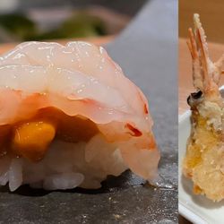 Sushi Kappo Tamura - Amaebi with uni and Fried shrimp head