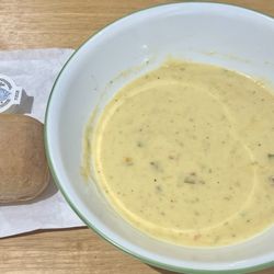 Wyo Bistro - Pepper Cheese soup w/ chicken. One of their yeasty homemade rolls.  Pepper cheese is my favorite soup so far.