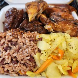 Island Cafe Food Truck - Half and half entree. Jerk and brown stew chicken with rice and peas and cabbage.