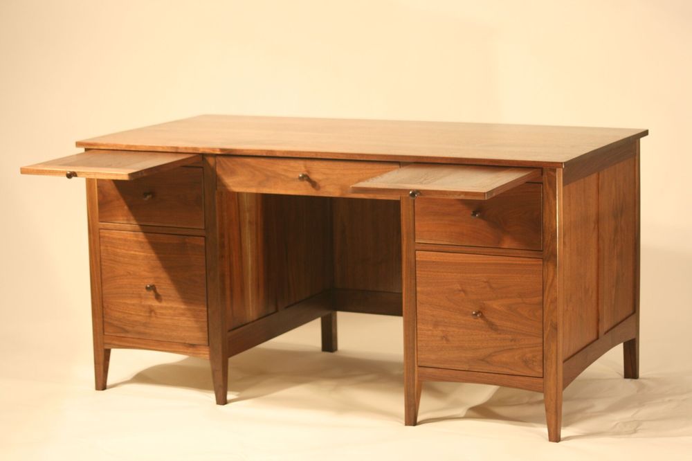 Double Pedestal Desk In Solid Walnut With Dovetailed Drawers And