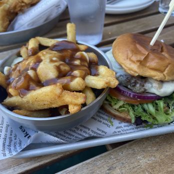 Basecamp Burger Joint - Mushroom Swiss burger with Poutine fries - Burgers Near Me - Harrison Hot Springs, British Columbia