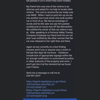 Pomona Valley Towing - There is a gentleman leading a class action lawsuit against this targeted illegal towing. Help close this place down. - Towing Near Me - Pomona, California Pomona Valley Towing - There is a gentleman leading a class action lawsuit against this targeted illegal towing. Help close this place down. - Towing Near Me - Pomona, California