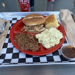 Doug's Holy Smoke BBQ and Catering - Pulled chicken, baked beans and potato salad with cornbread