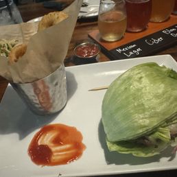 Finney burger lettuce wrapped with onion rings Finney burger lettuce wrapped with onion rings
