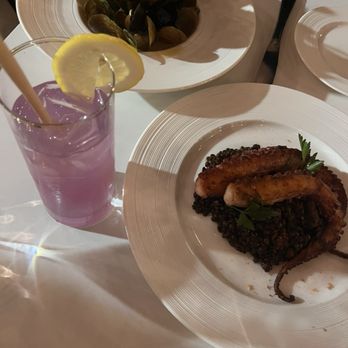 The Roxy - Octopus with lentils and Mussels. The drink is the lavender lemonade. - New American Near Me - Jersey City, New Jersey The Roxy - Octopus with lentils and Mussels. The drink is the lavender lemonade. - New American Near Me - Jersey City, New Jersey