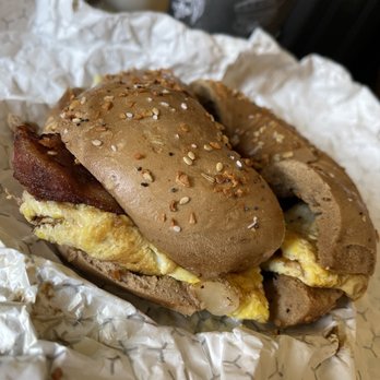 Springtree Bagels - Everything Bagel ( whole wheat) with bacon and scrambled eggs - Bagels Near Me - Englewood, New Jersey