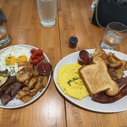 Left to Right: Tri Tip with Sunny Side up eggs; All American Plate with bacon and scrambled eggs