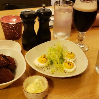 Stoke - Apps: Farm & Sparrow Hushpuppies and Mom's Deviled Eggs - New American Near Me - Charlotte, North Carolina Stoke - Apps: Farm & Sparrow Hushpuppies and Mom's Deviled Eggs - New American Near Me - Charlotte, North Carolina