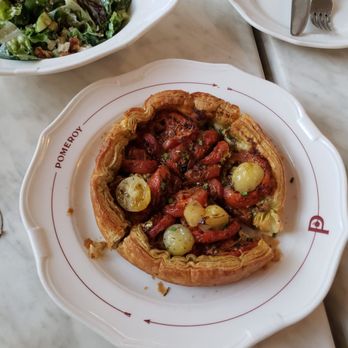Pomeroy - Warm Tomato Tarte, with Pomeroy Salade in the background - French Near Me - Winnetka, Illinois
