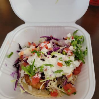 Mariscos Linda's - a taco in a styrofoam container - Food Trucks Near Me - Los Angeles, California