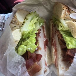 Smoked turkey BLT on the works bagel with jalapeño cream cheese Smoked turkey BLT on the works bagel with jalapeño cream cheese