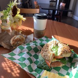 Magnolia Cafe - Fries egg sandwich, honey latte, blue berry muffin.